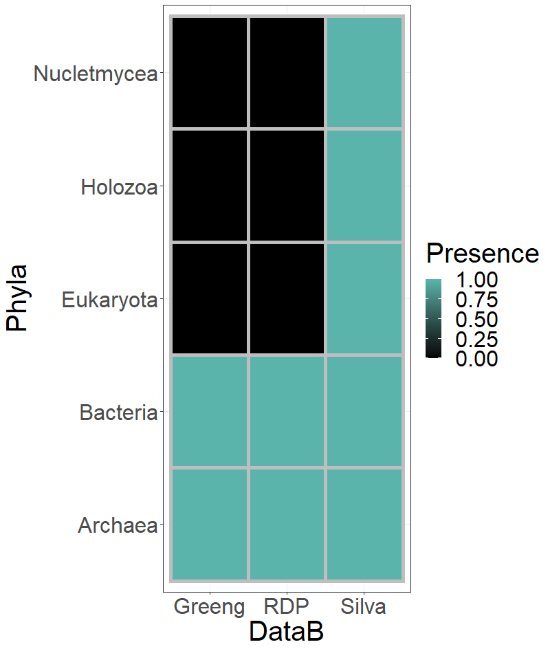 Heatmap where each of the squares inside is depicitng if the correspondig database in the x-axis had identified the Phyla on the y-axis. If the color is black, it means that it the database could not identity that Phylum.
