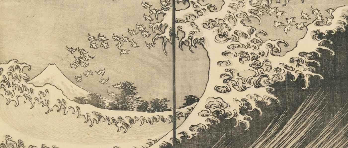 Black and white representation of a wave made by Hokusai.